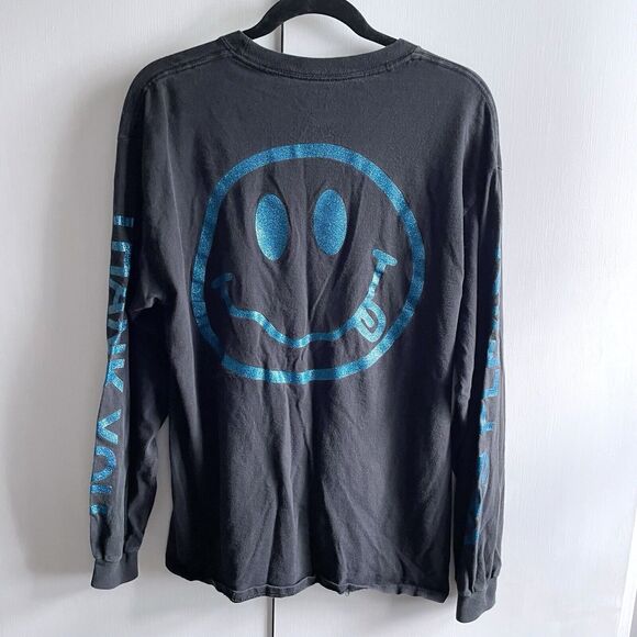 Polite Worldwide Large Black Long Sleeve Shirt Blue Print Please Thank You Smile - Picture 5 of 5
